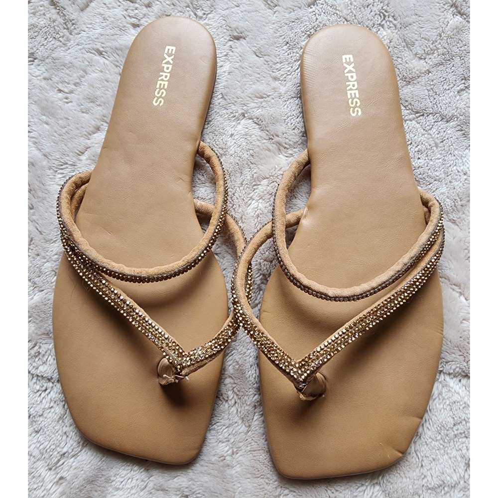 Express Tan Flip Flop Sandals Rhinestone Embellished Brown Square Toe Womens 8